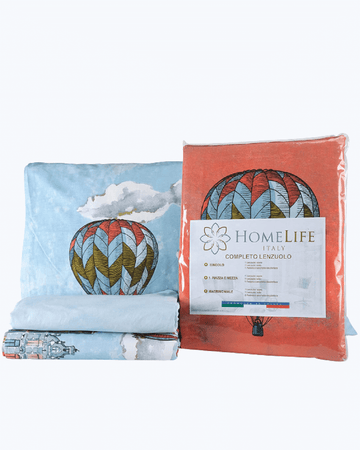 Set Lenzuola Letto in Cotone Made in Italy - Completo Letto Stampa Molgolfiere e Citta' Arrancione